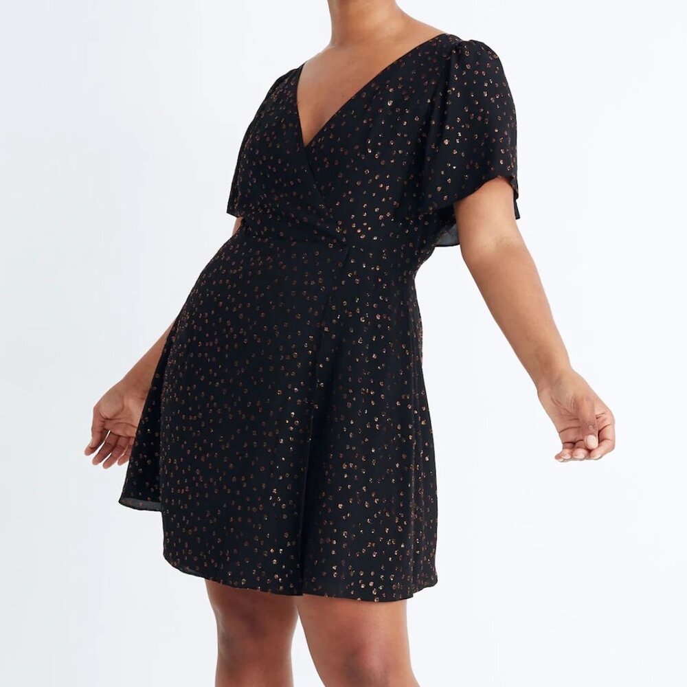 NWT Madewell Cape-Sleeve Black Mini Dress in Metallic Dots Sz 4